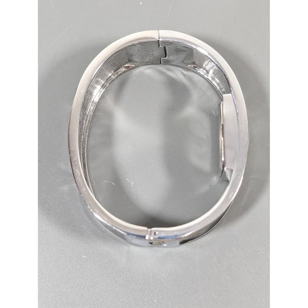 Chico's Black Enamel Watch Silver Tone Hinged Bangle Cuff Statement Working 6.5
